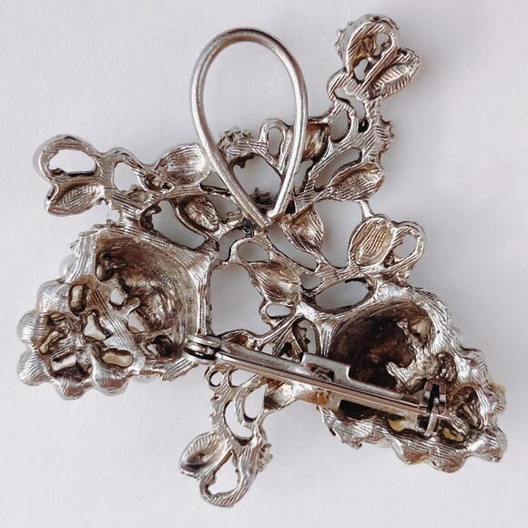 Vintage Mid Century Brooch Pendant Acorn Leaf Faux Pearl Rhinestone Silver Tone - Picture 8 of 8